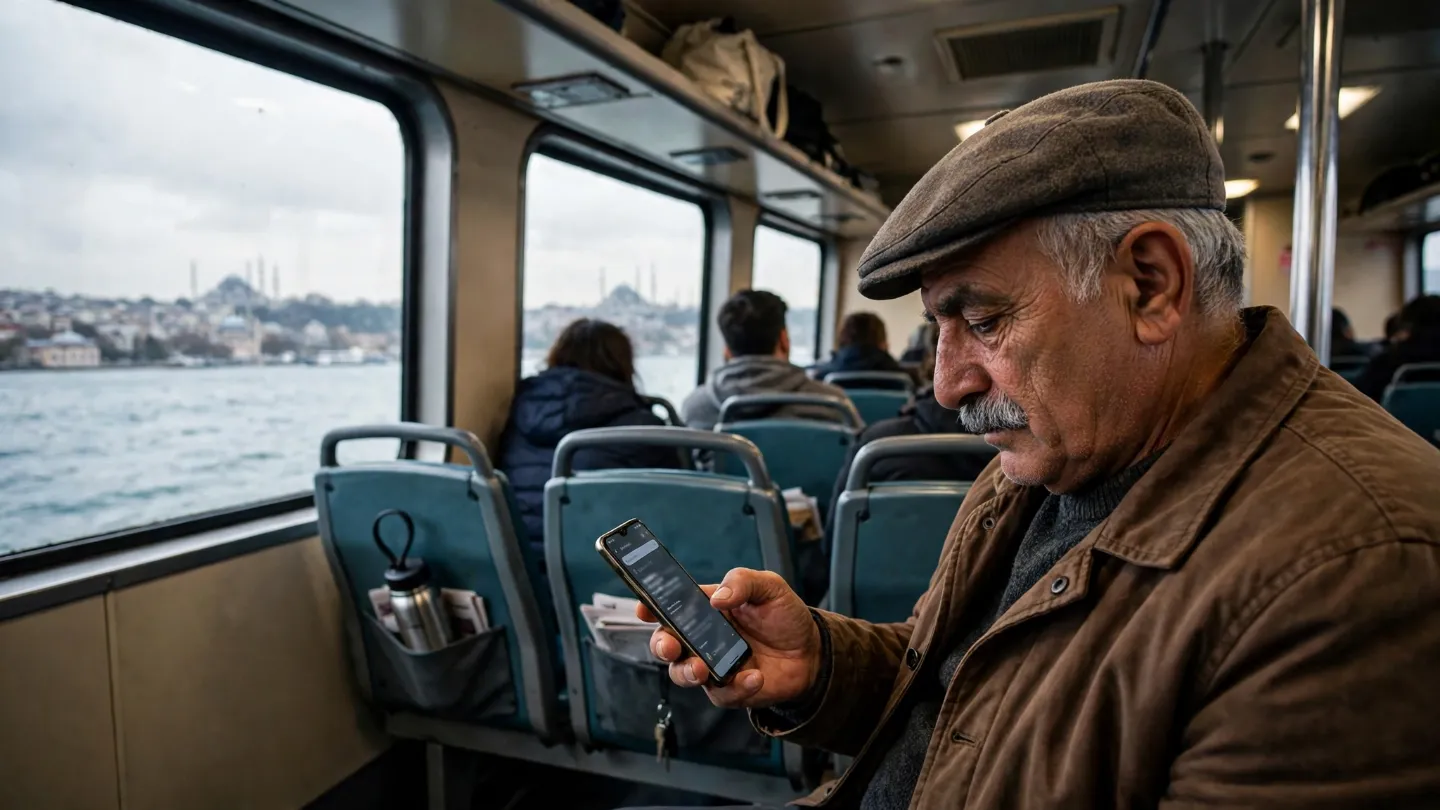 Vapurda oturan kasketli yaşlı bir adam telefonundan bir işletmenin adını arıyor; arkada deniz.