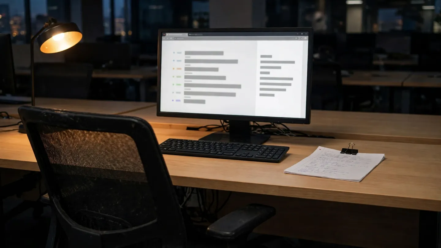 Akşam, boş kalmış bir çalışma masası: sandalyenin karşısındaki monitörde telefon boyutunda bir menü önizlemesi, klavyenin yanında ataşla tutturulmuş elle yazılmış reçete sayfası.