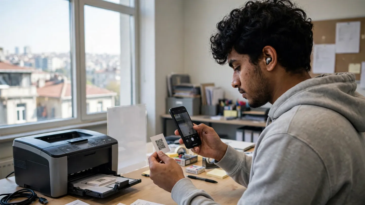 Ajansın çalışma masasında genç bir tasarımcı yeni basılmış QR masa kartını telefonuyla okutup deniyor; yanında yazıcı ve boş masa standı.