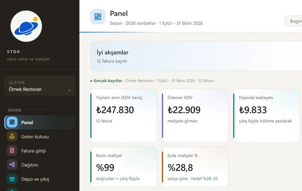 Main screen of the stock and cost tracking program: purchases, VAT paid and food cost, with sample data from a restaurant