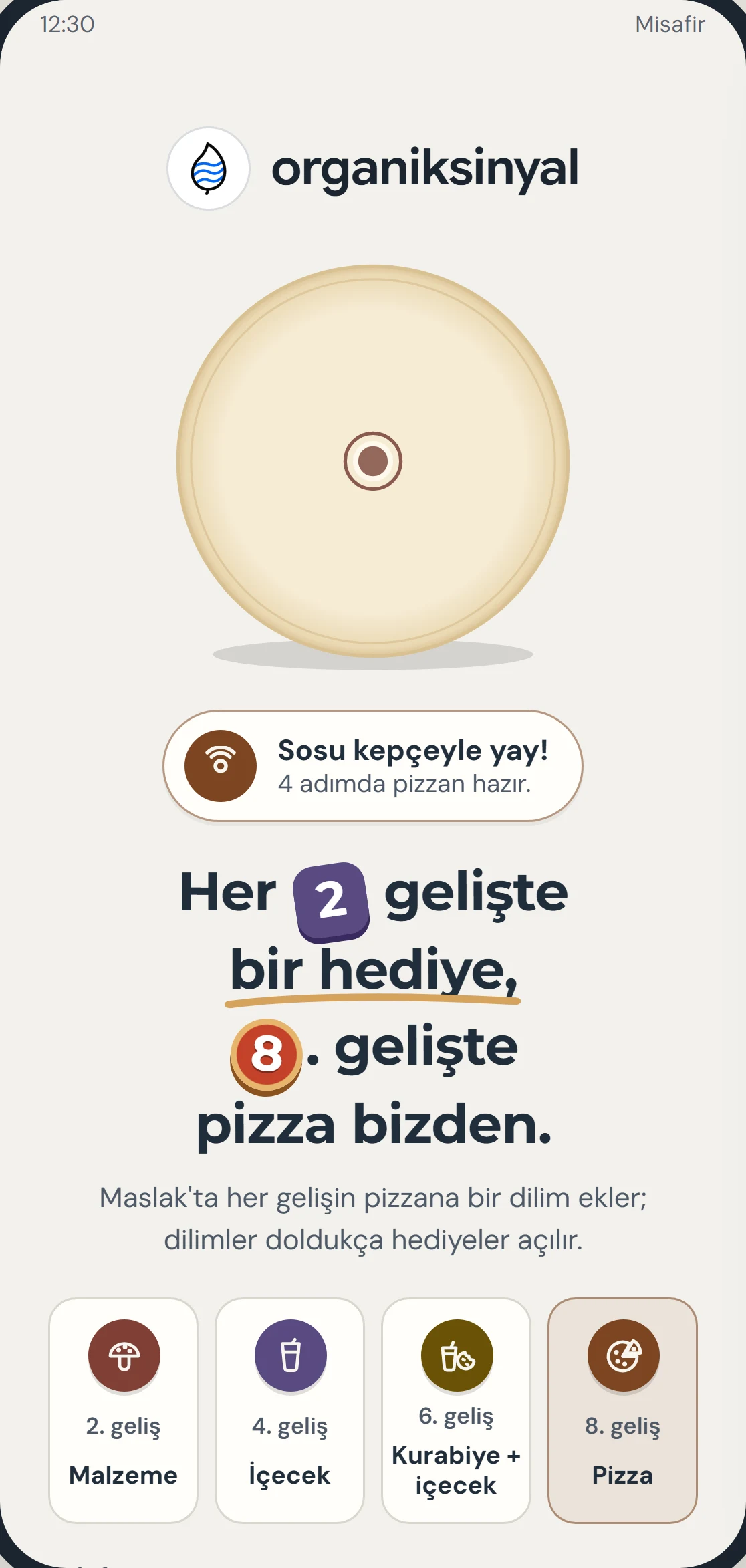 Markaya özel mobil uygulamanın giriş ekranı: üstte organiksinyal logosu, pizza çizimi, “Her 2 gelişte bir hediye, 8. gelişte pizza bizden” başlığı ve 2., 4., 6. ve 8. gelişteki hediyeler.