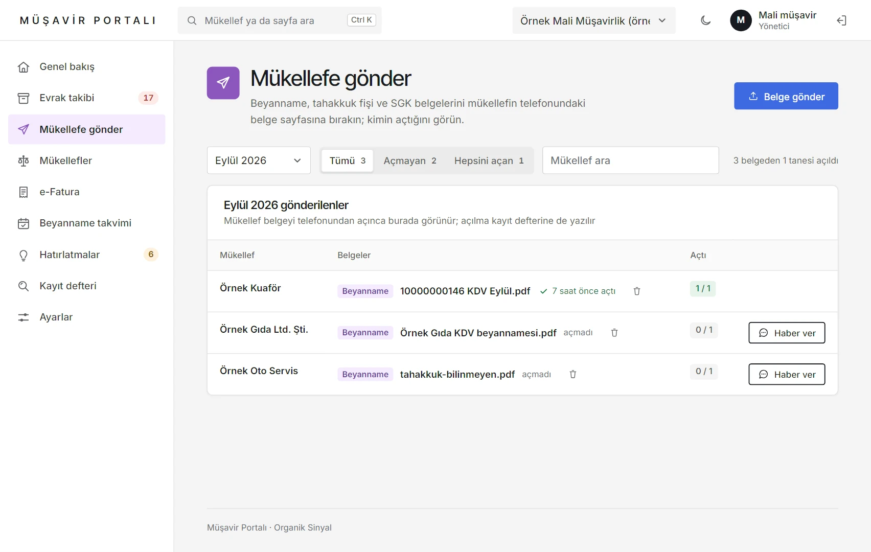 Mükellefe gönder ekranında Eylül 2026 gönderilenler: üç mükellefe gönderilen beyannameler; biri 7 saat önce açılmış, ikisi açılmamış ve yanlarında Haber ver düğmesi.