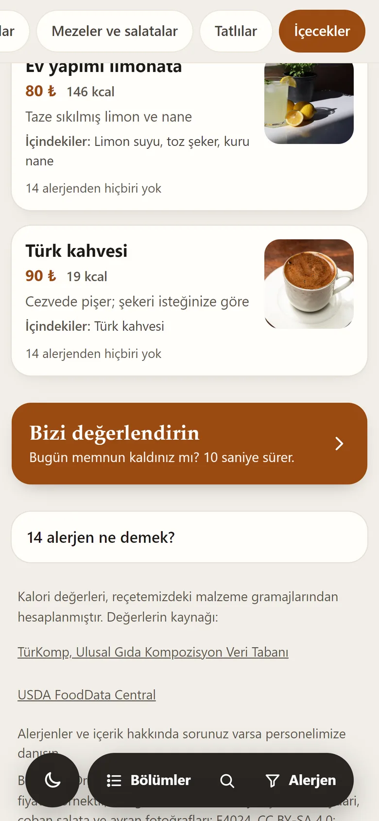 QR menünün sonunda “Bizi değerlendirin” bağlantısı